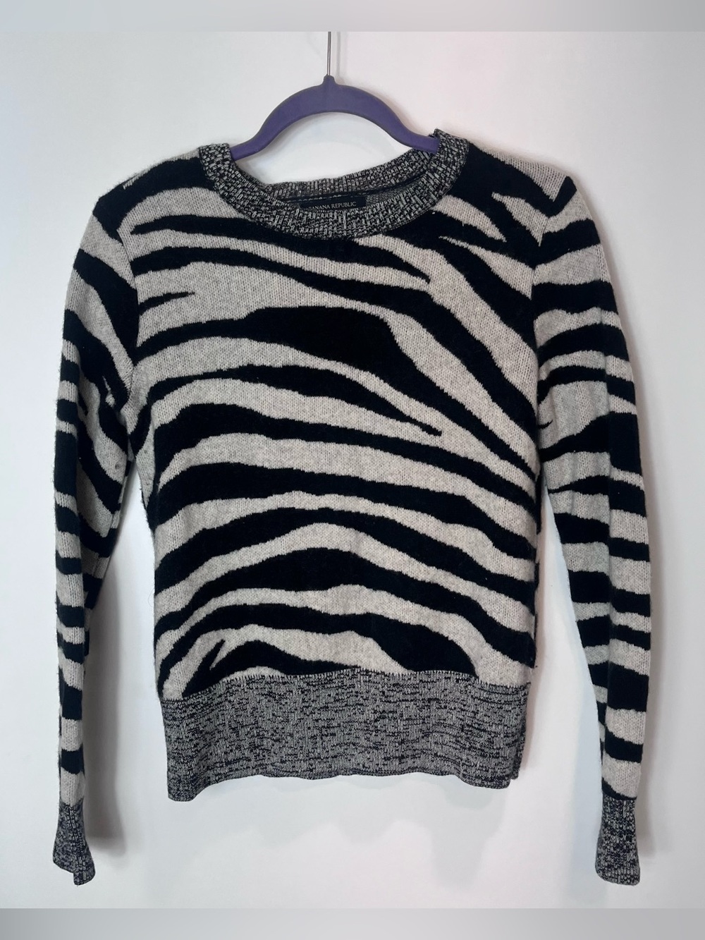 Banana Republic Women's Zebra Print Merino Wool Blend Sweater Black Small Stripe